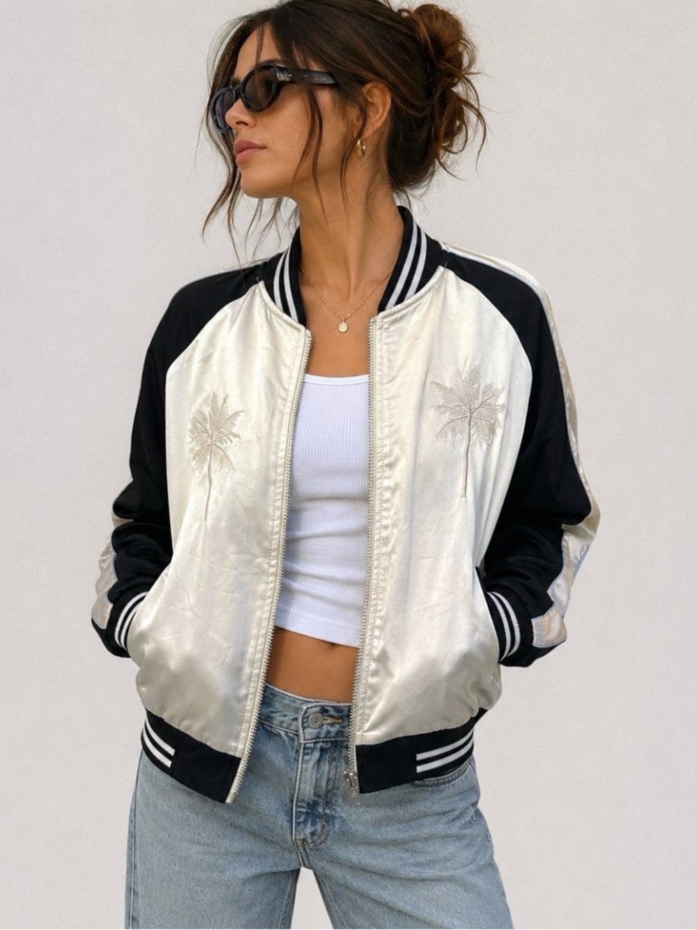 Two-Tone Satin Bomber Jacket Embroidered Palm Ave South Beach Cream Black Sz 6 - Picture 4 of 8